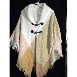 Mixit Brown White  Poncho One Size Toggle Closure ~Loose Knit Wrap